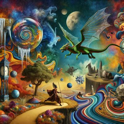 The primary subject of the image is a person, possibly a woman, walking in a surreal landscape. The setting includes a forest, a clock, and a dragon. The visual style appears to be a combination of digital art and illustration. The colors and mood of the image are vibrant and whimsical, with a focus on the surreal elements of the scene.